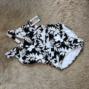 Lands End Plunge floral one-piece swimsuit women's XL ruched waist